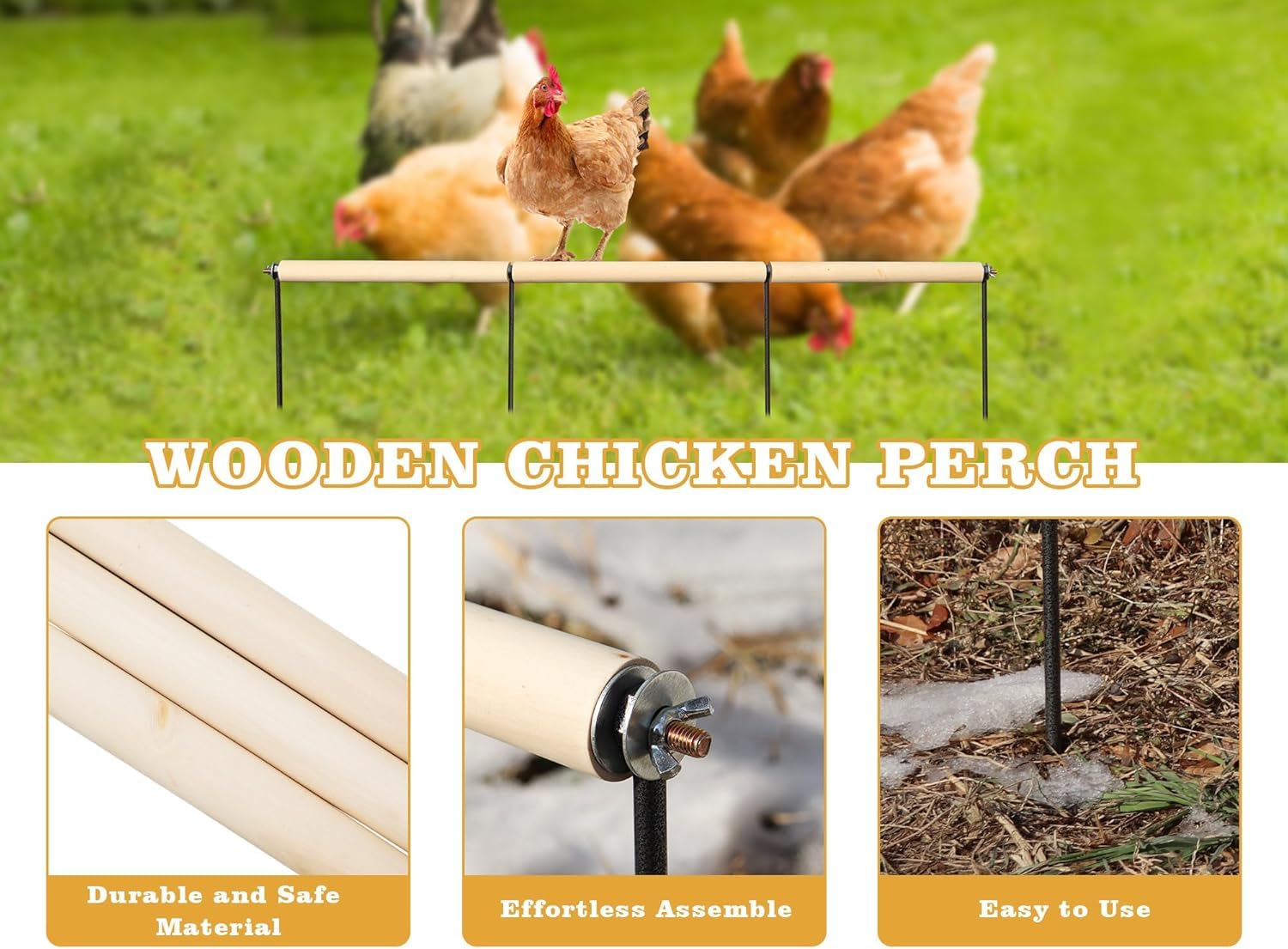 Trespolo Extra Lungo in Legno Naturale per Polli, Altalena da Esterno con Punta Metallica, Accessori per Pollaio, Piattaforma per Allenamento Galline e Pappagalli
