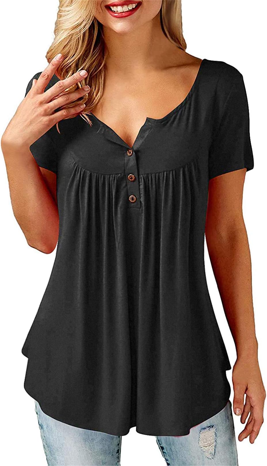 Women Casual V Neck Pleated Tunic Tops Shirts Blouse