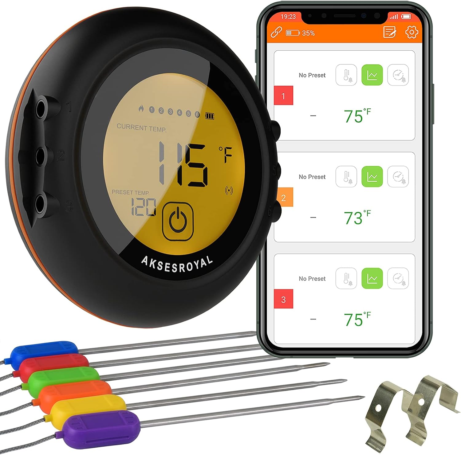 Premium Digital Wireless Meat Thermometer - with 6 Probes, Bluetooth, WiFi, Timer, Alarm & Strong Magnets - Perfect for Cooking BBQ, Grill, Food Smoker, Oven & Kitchen (BBQ Thermometer)