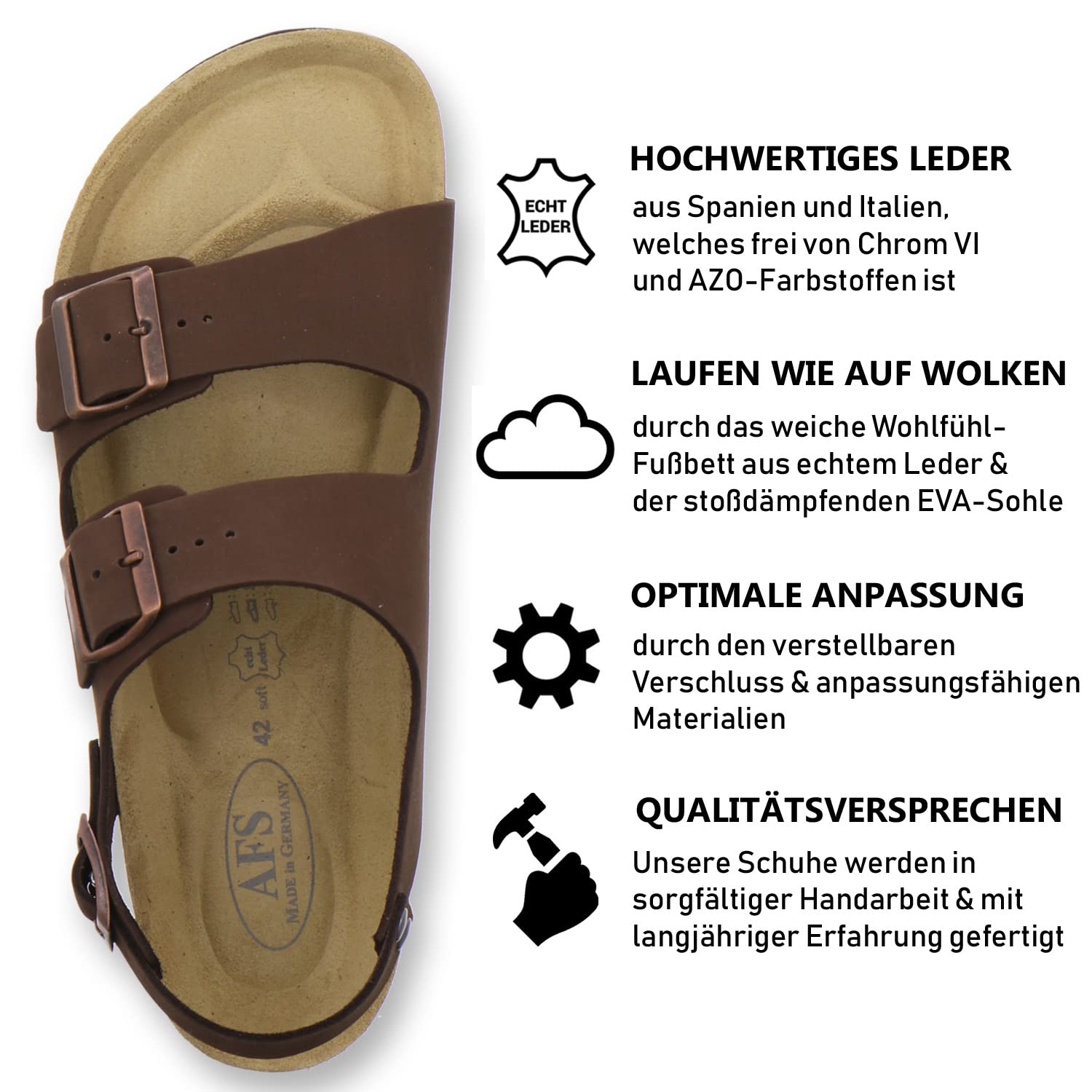 AFS-Schuhe Sandalias cómodas para hombre de piel, talla 40-47, fabricadas en Alemania