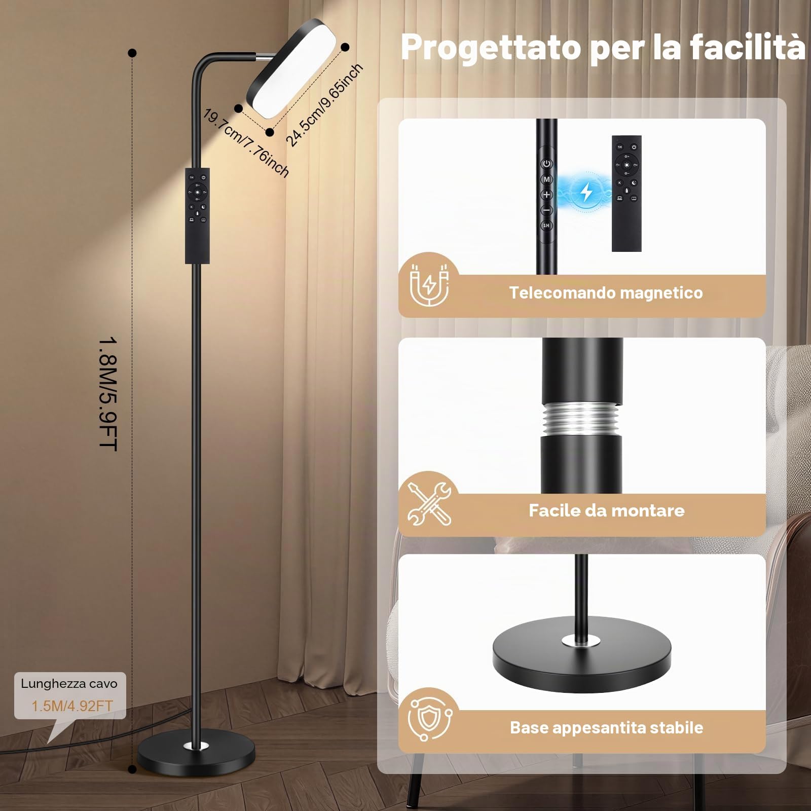 Lampada da Terra LED 36W 3200LM con Telecomando - 5 Tonalità di Colore Regolabile & Luminosità Dimmerabile - Piantana da Lettura Regolabile a 360° per Soggiorno, Camera da Letto, Ufficio - Nero