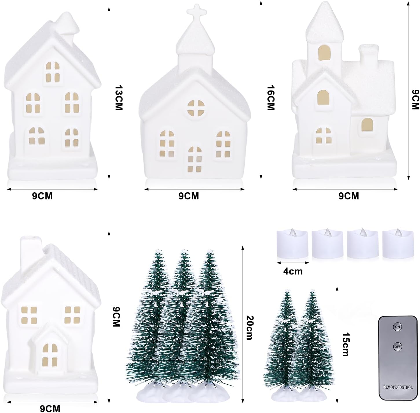 9 Pcs Christmas Village Figurines Sets - 4 Lighted Ceramic Houses with Remote Control & 5 Trees - Christmas Decorations Indoor - White Xmas Holiday Farmhouse Rustic Decor for Home Table Room