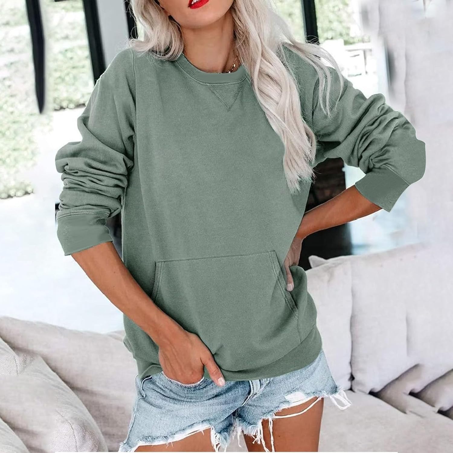 Crew Neck Sweatshirts Women With Pockets Casual Comfort Hoodless Hoodies Cozy Fleece Pullover Sweatshirts No Hood - Image 3