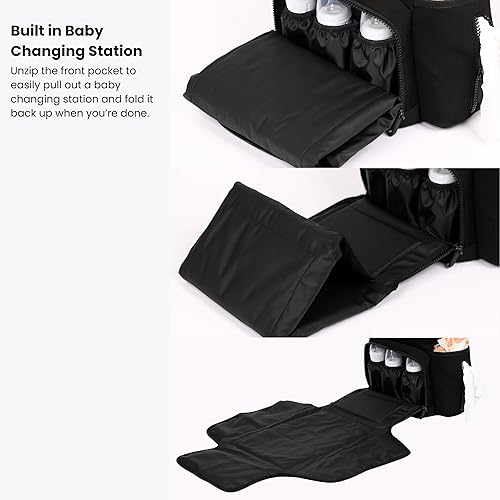 Miniatura 3 de Mochila de neopreno para pañales con estación de cambio plegable frontal, bolsa de pañales multifuncional con 2 correas para cochecito,