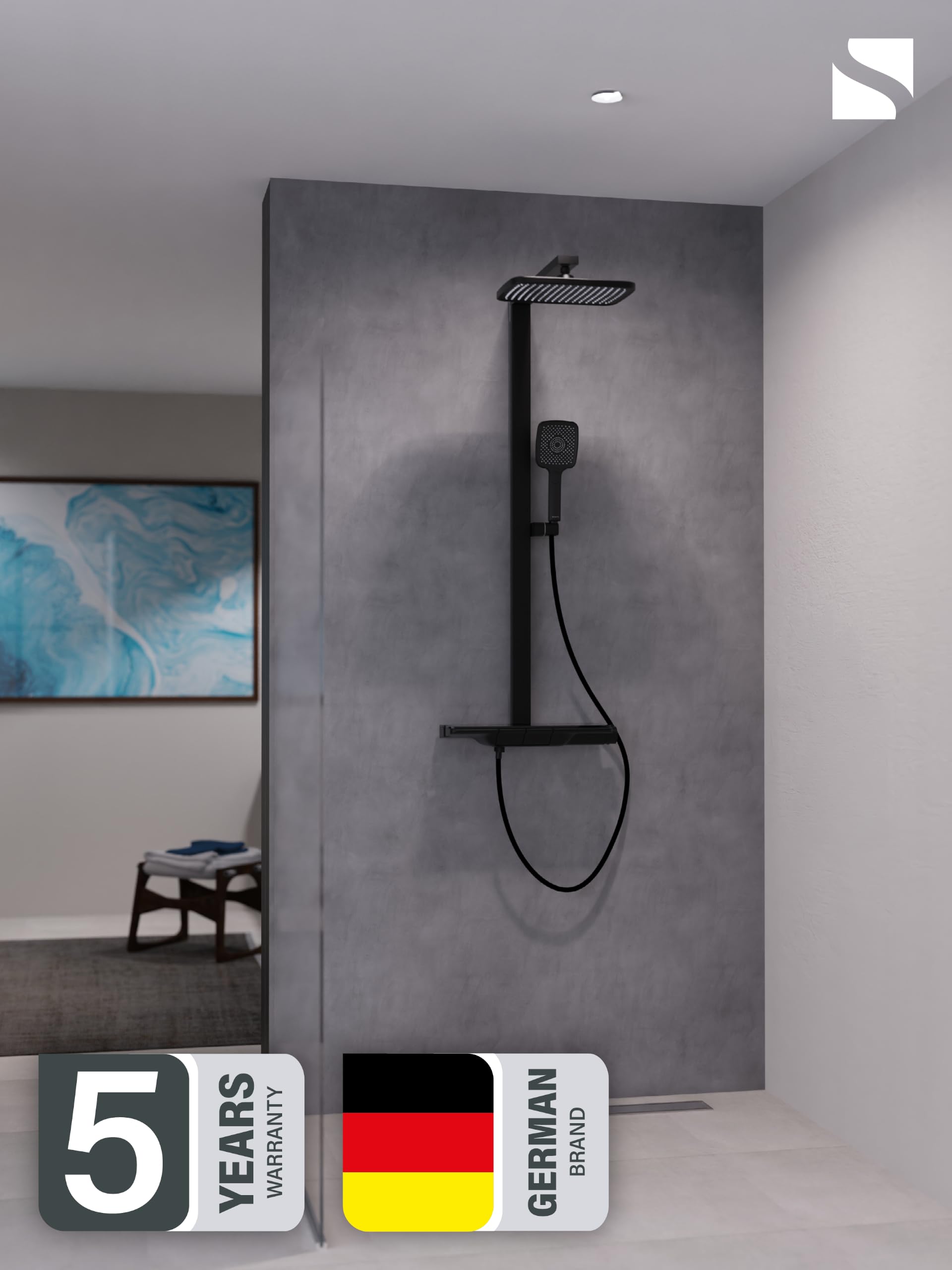 Schütte HAWAII Duschsystem mit Thermostat und Glasablage, Duschset mit 30x20cm Kopfbrause, Regendusche mit Wandhalterung und Duschkopf, Duschpaneel Duschsäule, Schwarz