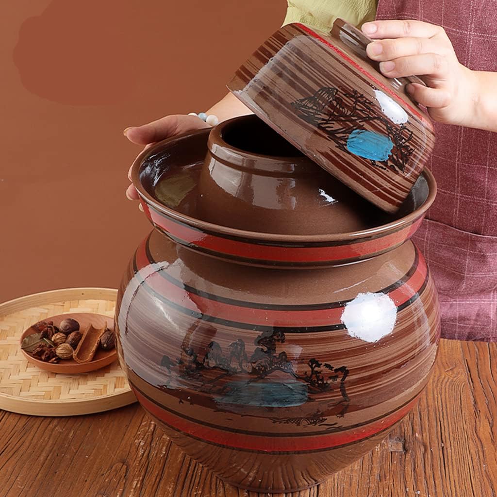 Brown Traditional Chinese Porcelain Pickle Jar, Ceramic Fermentation Crock Pickling Pot,Fermenting Jar with Water Seal Airlock Lid Stoneware Fermenter for Kimchi 4KG
