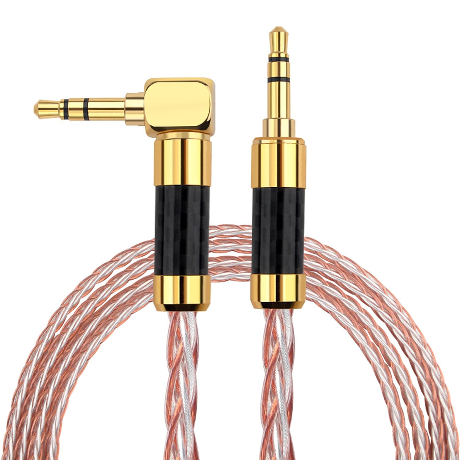HiFi Stereo TRS Audio Cable 3.5mm Male to 3.5mm Male 3.3FT Silver Plated Copper and 5N OCC Copper Braided Replacement Cable 8 Cores Litz Braid AUX Upgrade Cable (Straight to Angle)