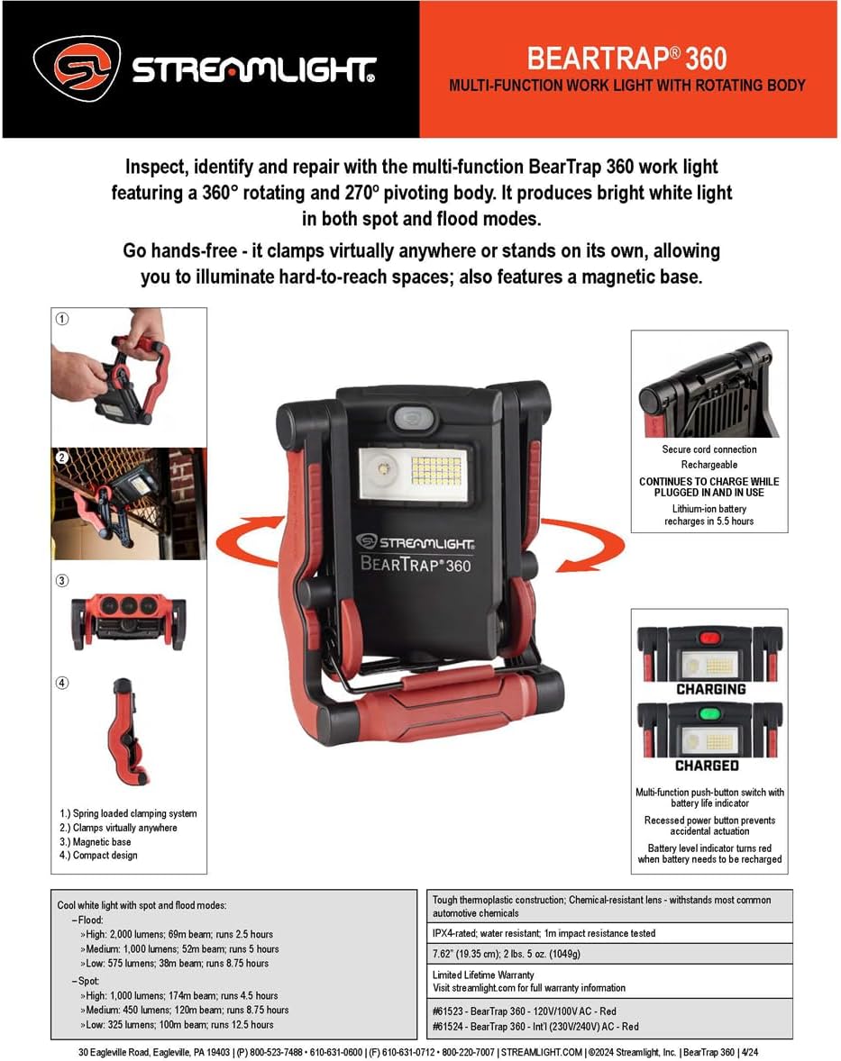 Streamlight BearTrap 360 Rechargeable Work Light with Rotating Body - Black/Red