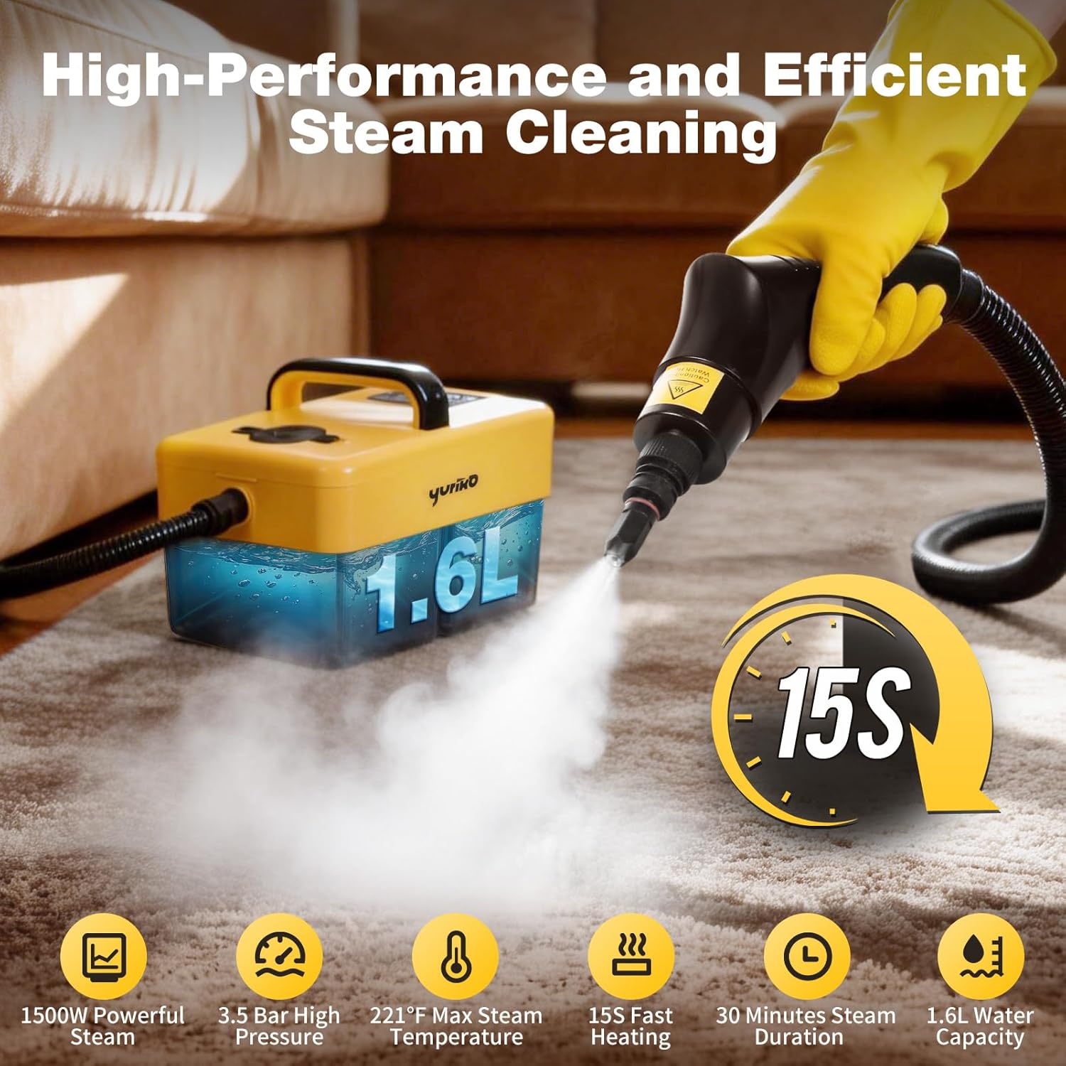 Handheld Steam Cleaner for Home, 6-Level Adjustable, 15s Heat-Up, One Touch Flush Mode, 3.5 Bar High Pressure, Auto Shut-Off, 1500W Portable Steamer for Carpets Floor Car Furniture Couch Tile - Image 3