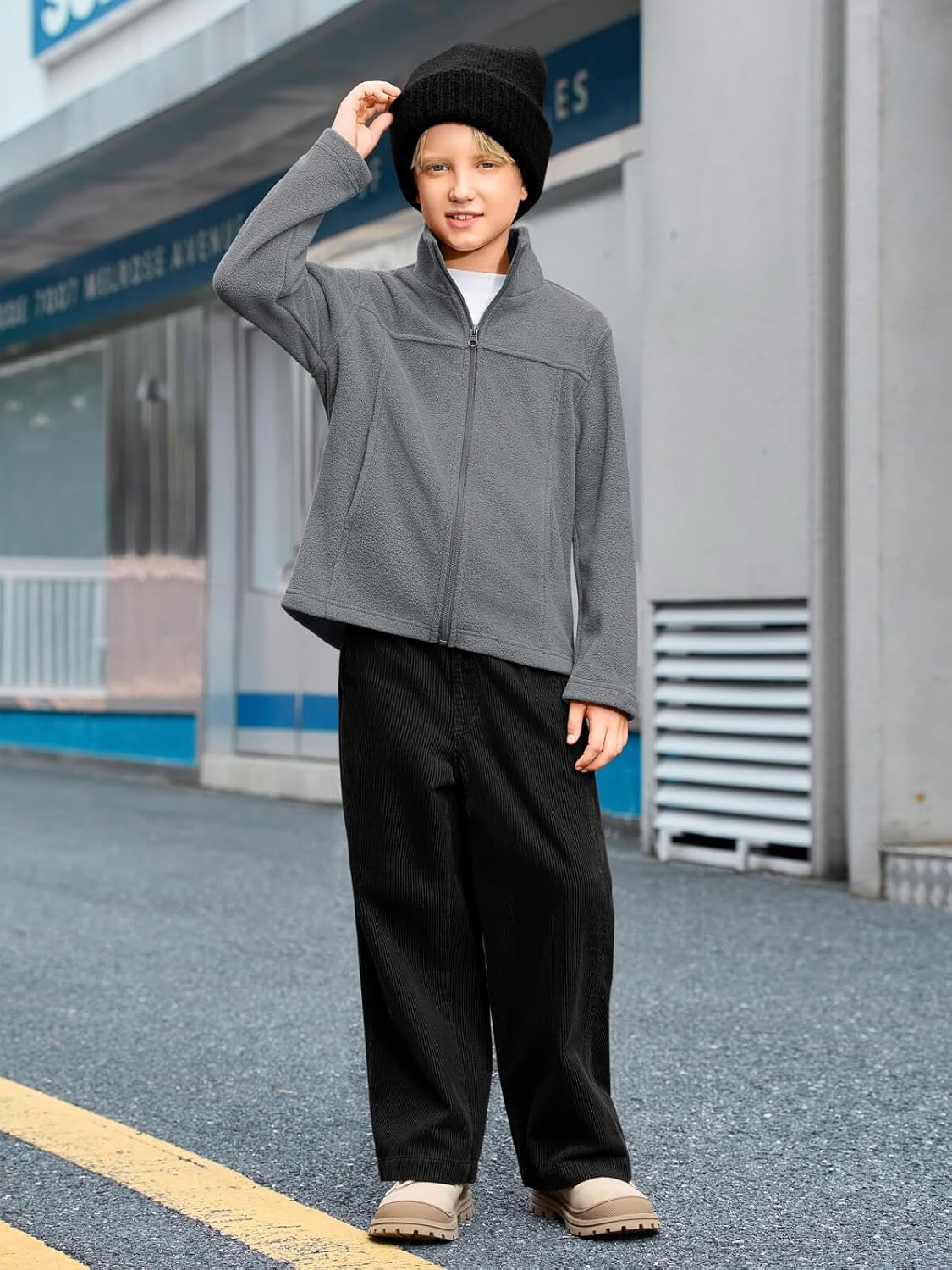 Haloumoning Boys Zip Up Fleece Jacket Kids Lightweight Outerwear Long Sleeve Mock Neck Coat with Pockets 5-14Y - Image 4