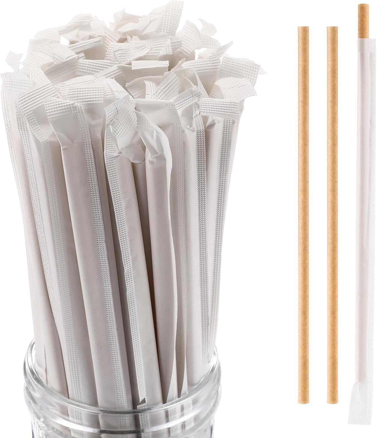 Potchen 500 Pcs Individually Wrapped Sugarcane Straws 8" Biodegradable Plastic Compostable Disposable Drinking Straws for Smoothie Drinks Parties Restaurants Home