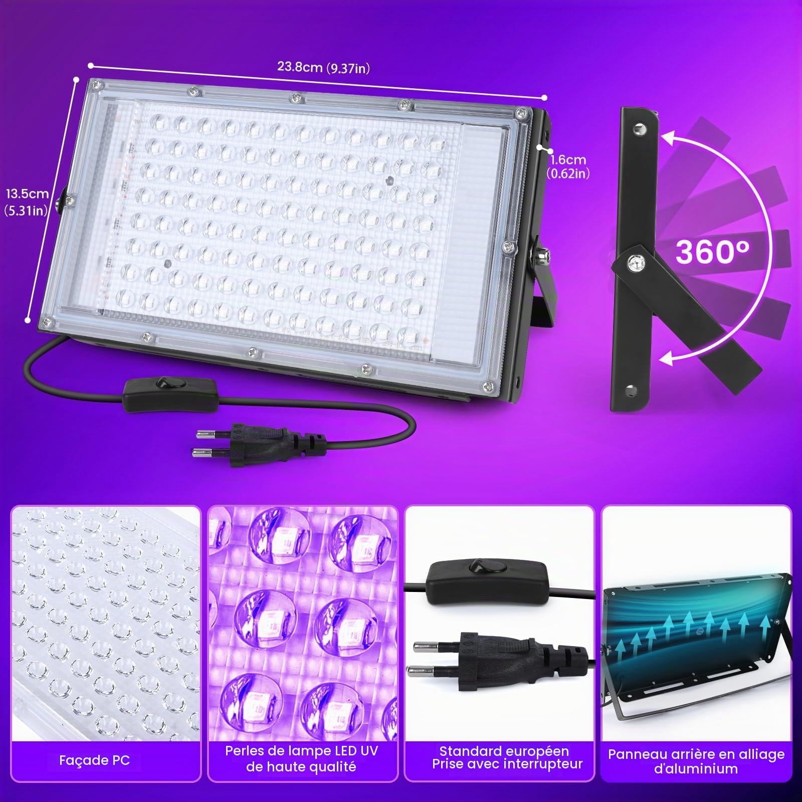 Projecteur Lumière Noire UV LED 100W, Étanche IP66 avec Prise Standard Européenne, pour Halloween, Fête Fluorescente, Décoration de Scène et d'Aquarium