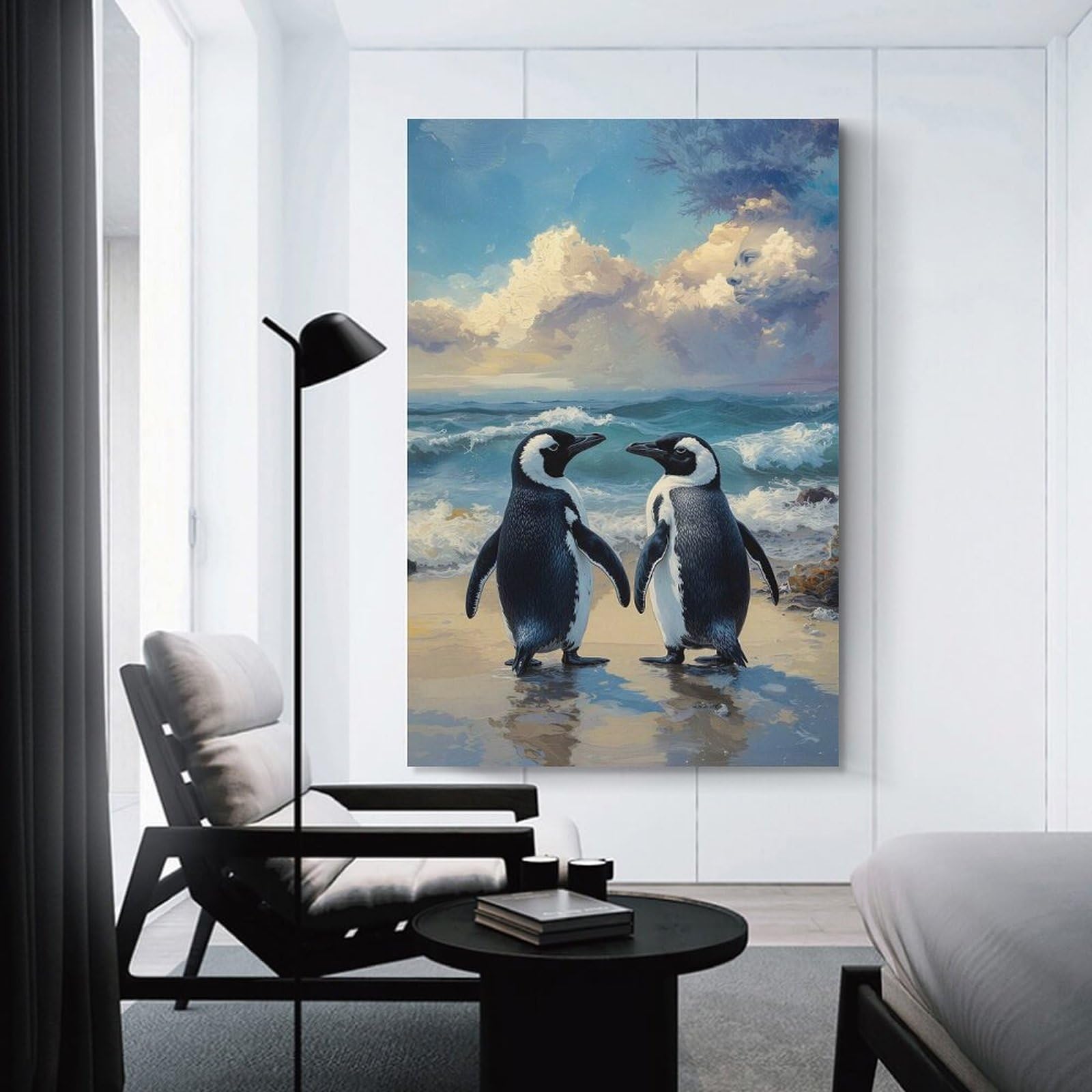 Junmoney Unframe-Style-5 Two Penguins On A Beach Painting Canvas Wall Decor, 16X24inch(40X60cm), For Wall Displays, Bedrooms Or Room Updates, Wall Decor Suited To Curated Displays