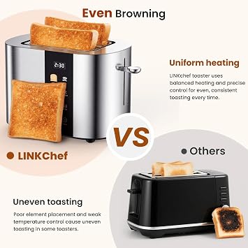 LINKChef 2 Slice Toaster, Extra-Wide 1.5 Slots, Touch Screen Control | Stainless Steel, Bagel/Defrost/Reheat Functions