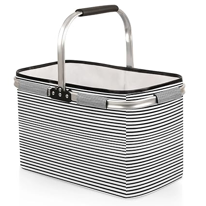 Kizmoglux Stripes Black Collapsible Market Basket, Foldable Picnic Basket - Large Shopping Basket with Handles, Portable Folding Bag for Shopping Camping Picnic