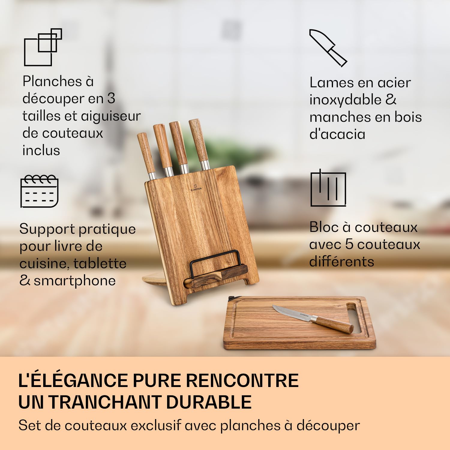 Zelite Couteau Cuisine, Ensemble de Couteau de Cuisine Professionnel avec Bloc, Set de 8 Couteaux de Support en Bois d'Acacia, Acier Inoxydable, Résistant Rayures, Ustensiles Blocs Couteaux