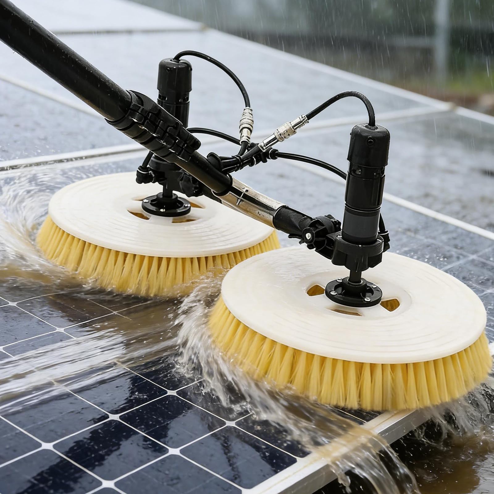 AYCDL Telescopic Solar Panel Cleaning Brush with Extendable Pole, Automatic Water Spray, 360° Rotating Head for Rooftop PV Panels, 11.5-24.6ft,5.5m(18ft)
