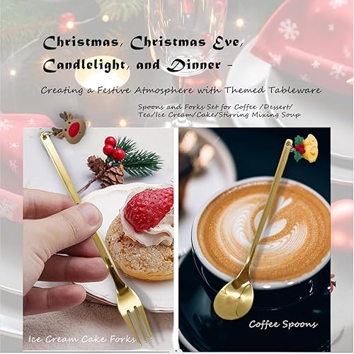 Miniatura 2 de Rxuiael Juego de cuchara de café de Navidad de acero inoxidable y tenedores de cena de Navidad, cuchara de postre, cuchara para revolver, cuchara de