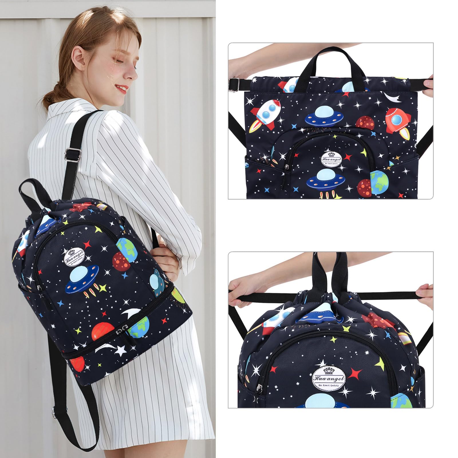 HUA ANGEL Unisex Drawstring Backpack Sports Gym Bag Drawstring Bag Weekend Daypack with Shoe Compartment for Women Men Basketball Football Outdoor Fitness Yoga Swimming Beach - Image 2