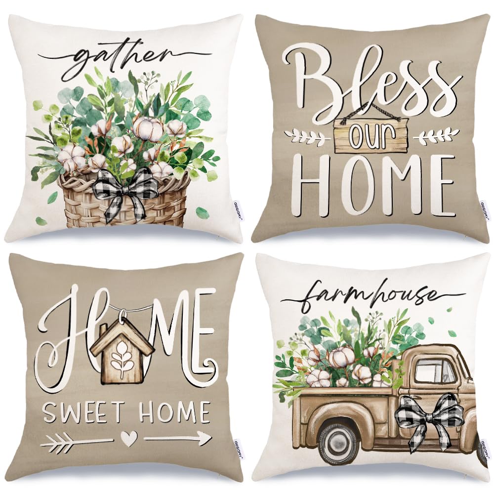 Eucalyptus Home Sweet Home Throw Pillow Covers 18x18 Inch Set of 4, Cotton Truck Bless Our Home Decorative Farmhouse Decoration for Home (Brown) G534-18