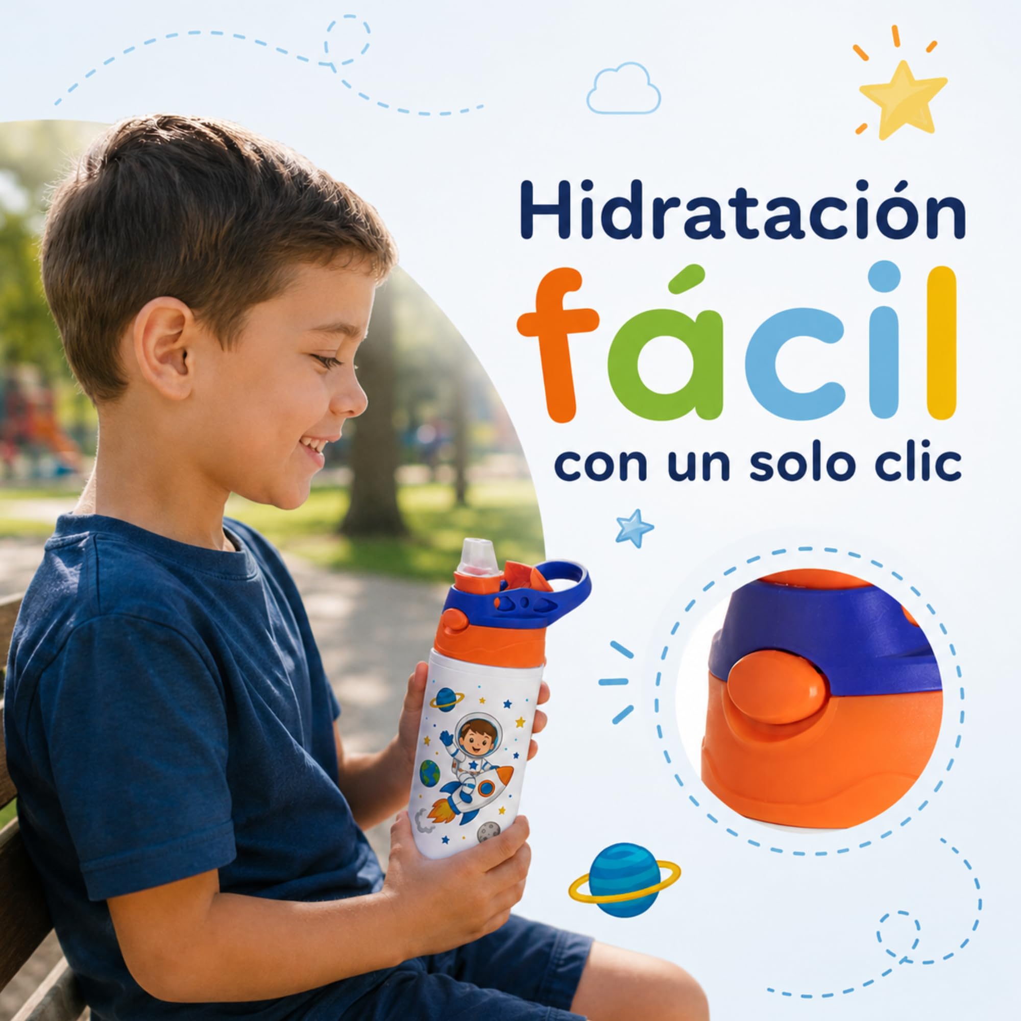 Botella Infantil Personalizada con Foto y Texto - Boquilla de silicona y boton de apertura - 500 ml de capacidad - Regalo Original - Botella Personalizada - Botella de agua niños (Naranja/Violeta)