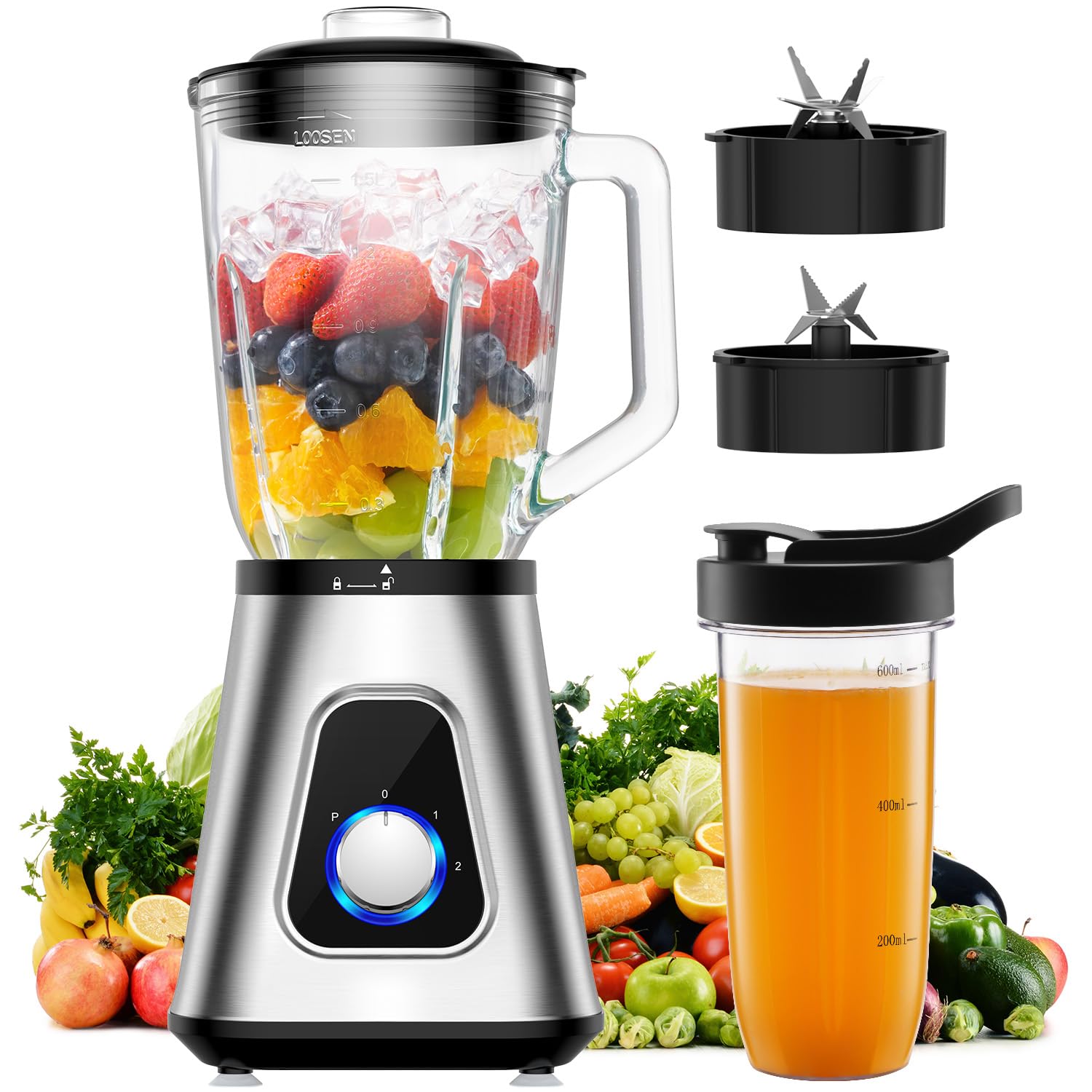 GDOR Frullatore 1200 W ad Alta Velocità, 1,5L Bicchiere in Vetro Resistente +Bottiglia Portatile, 3 Velocità, 6 Lame + 4 Lame in Acciaio Inox per Frullati, Succhi di Frutta, Pestello del Ghiaccio