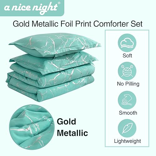 Miniatura 4 de A Nice Night Juego de edredón de 7 piezas de mármol en una bolsa, juego de ropa de cama con purpurina con estampado metálico dorado metálico