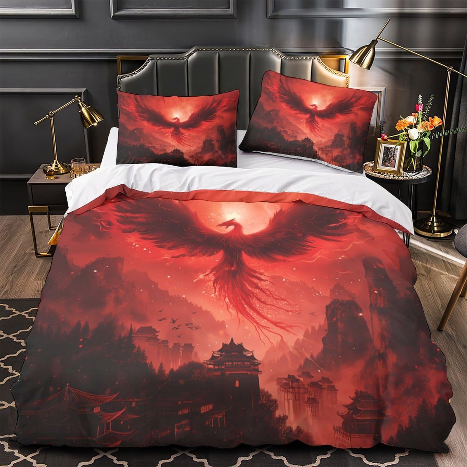 Ensemble de literie microfibre rouge 220x240 cm avec housse de couette oiseau mythique