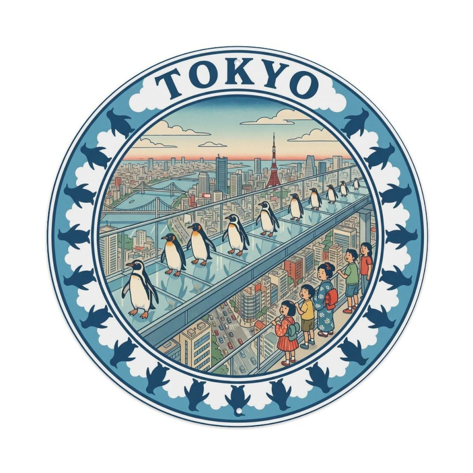 Olyhtr 8X8inch Classic Style Japan's Travel Tokyo Penguins In The Sky Metal Tin Sign