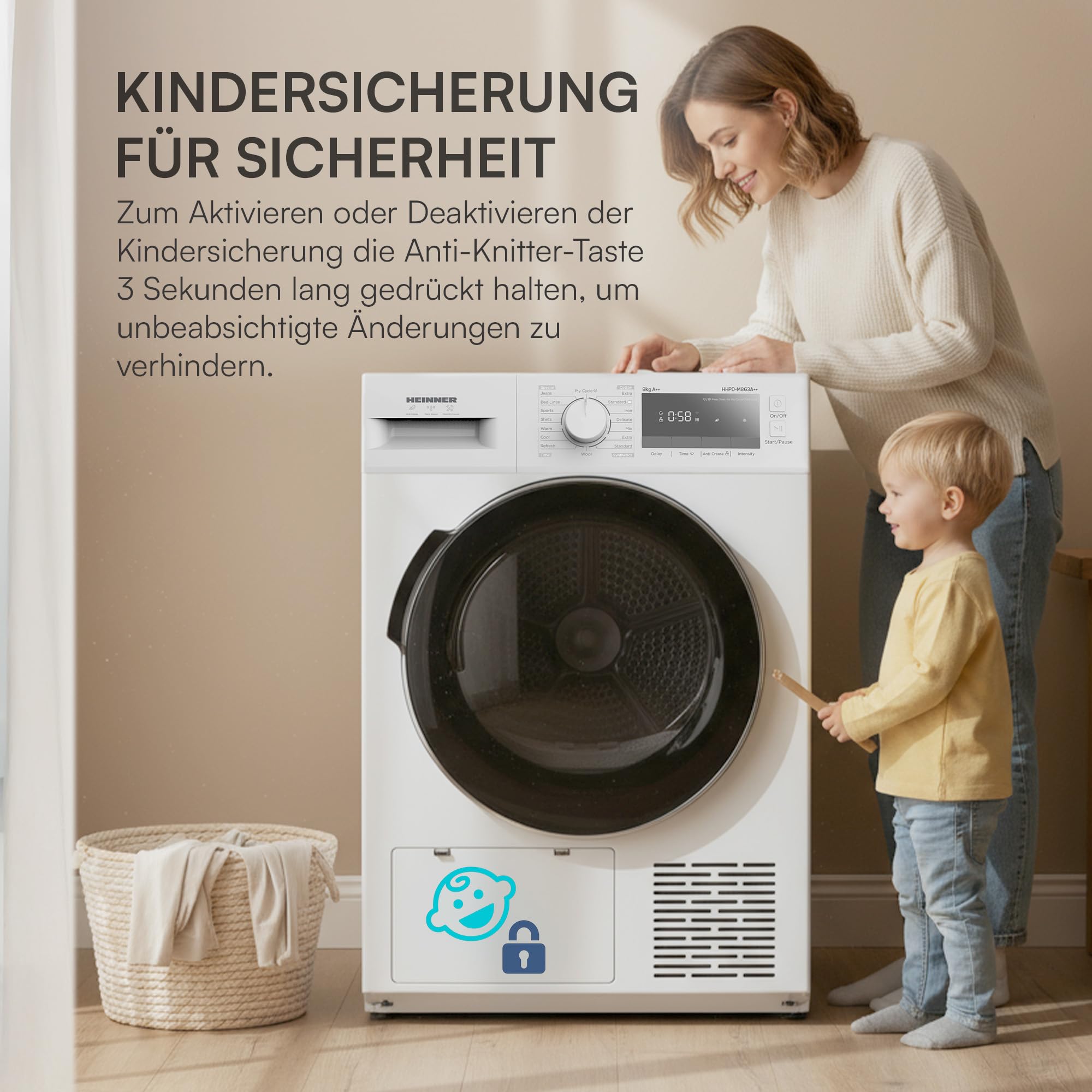 HHPD-M8G3A++ - 8 kg Wärmepumpen-Trockner, 14 Programme, Energieklasse D, LED-Display, Kindersicherung, Trommelbeleuchtung, Weiß, 5 Jahre Garantie (8 KG)