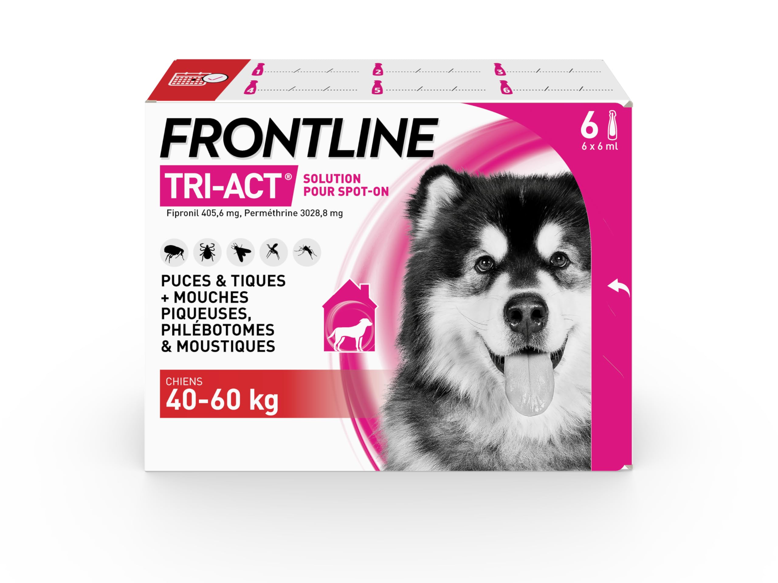 FRONTLINE Tri-Act Chien - Anti Puces, Tiques, Moustiques, Phlébotomes & Mouches - Traitement Radical En 6h - Pour Très Gros Chien De 40 à 60 kg - Fabriqué En France - 6 Pipettes Application Spot On