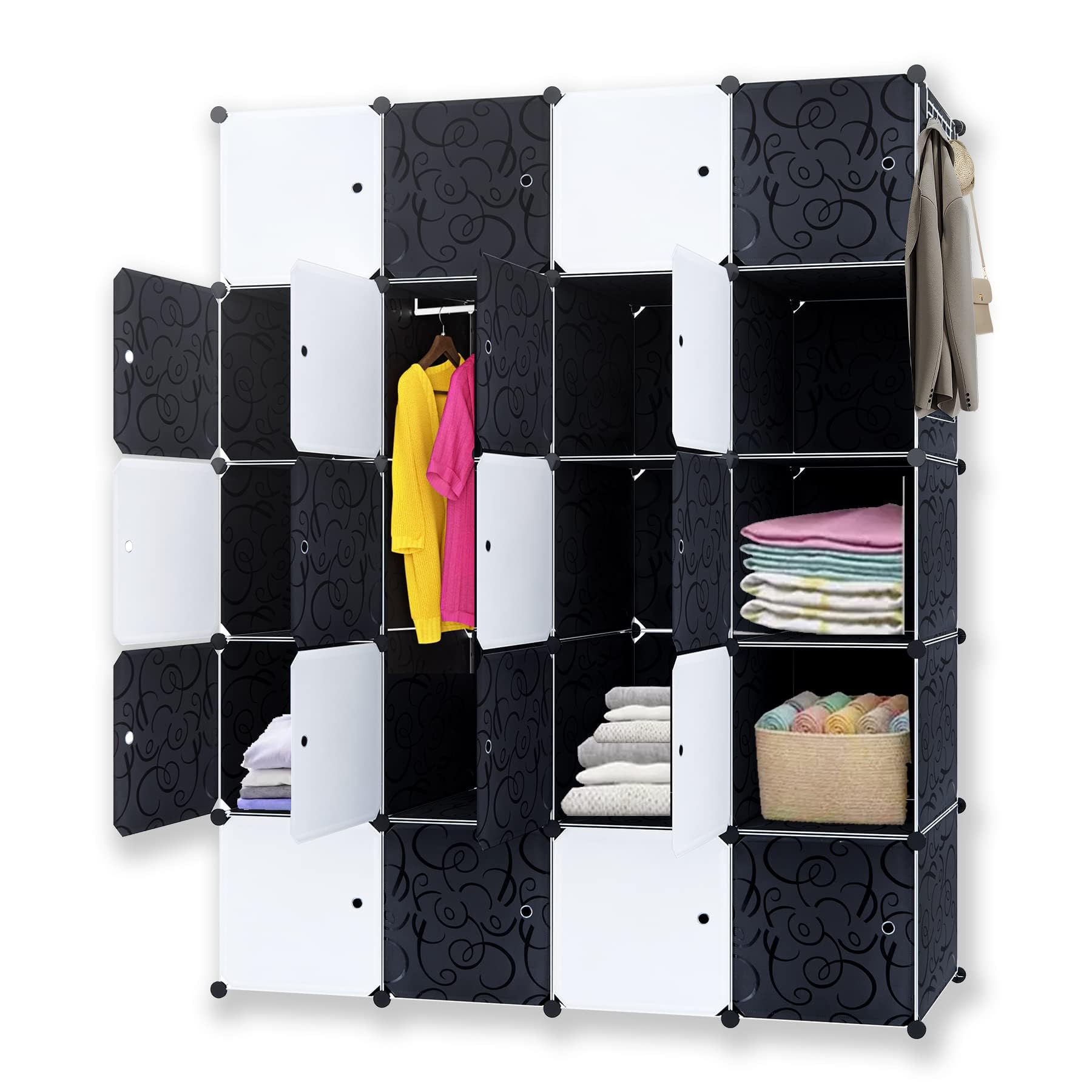 Froadp Armario plegable de 178 x 145 x 35 cm, sistema de estanterías de plástico, armario con 20 compartimentos, sistema de estantería, armario para ropa, zapatos, juguetes, libros, blanco y negro
