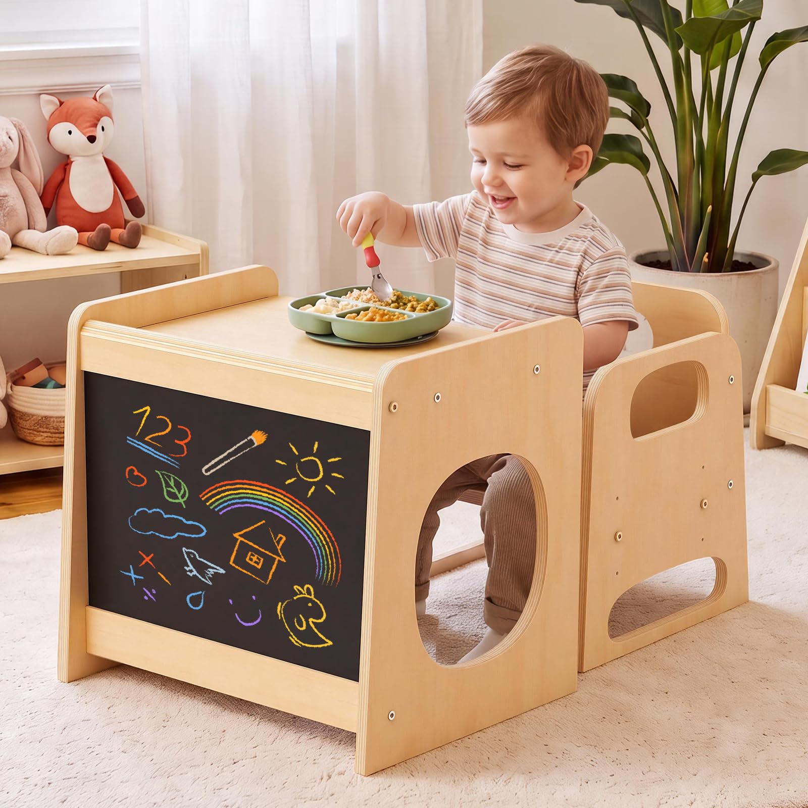 GVOO Montessori Weaning Table and Chair Set, 3 Adjustable Height Toddler Table and Chair Set, for Eating, Reading, Baby Proofing Design
