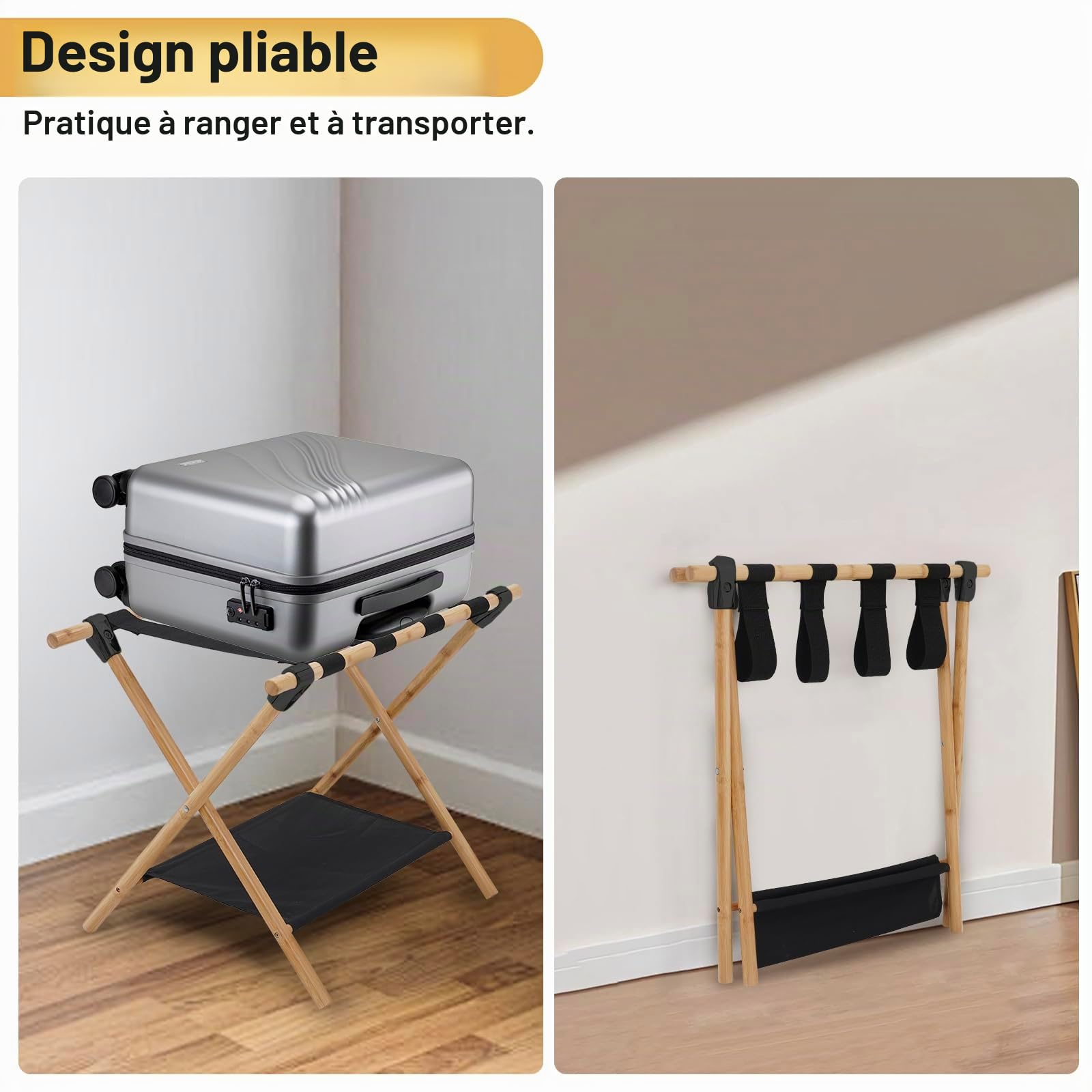 Grand Porte Bagages Pliable, Lot de 2 porte-bagages double couche avec 4 sangles, tabouret de valise pour hôtel et maison, 64 x 45 x 52 cm