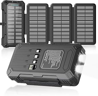 Solar Charger Power Bank 49800mAh with 4 Built-in Cables & 4 Foldable Panels, PD22.5W Fast Portable Phone Charger, External Battery Pack with USB-C in/Output & Flashlight for Outdoor Camping