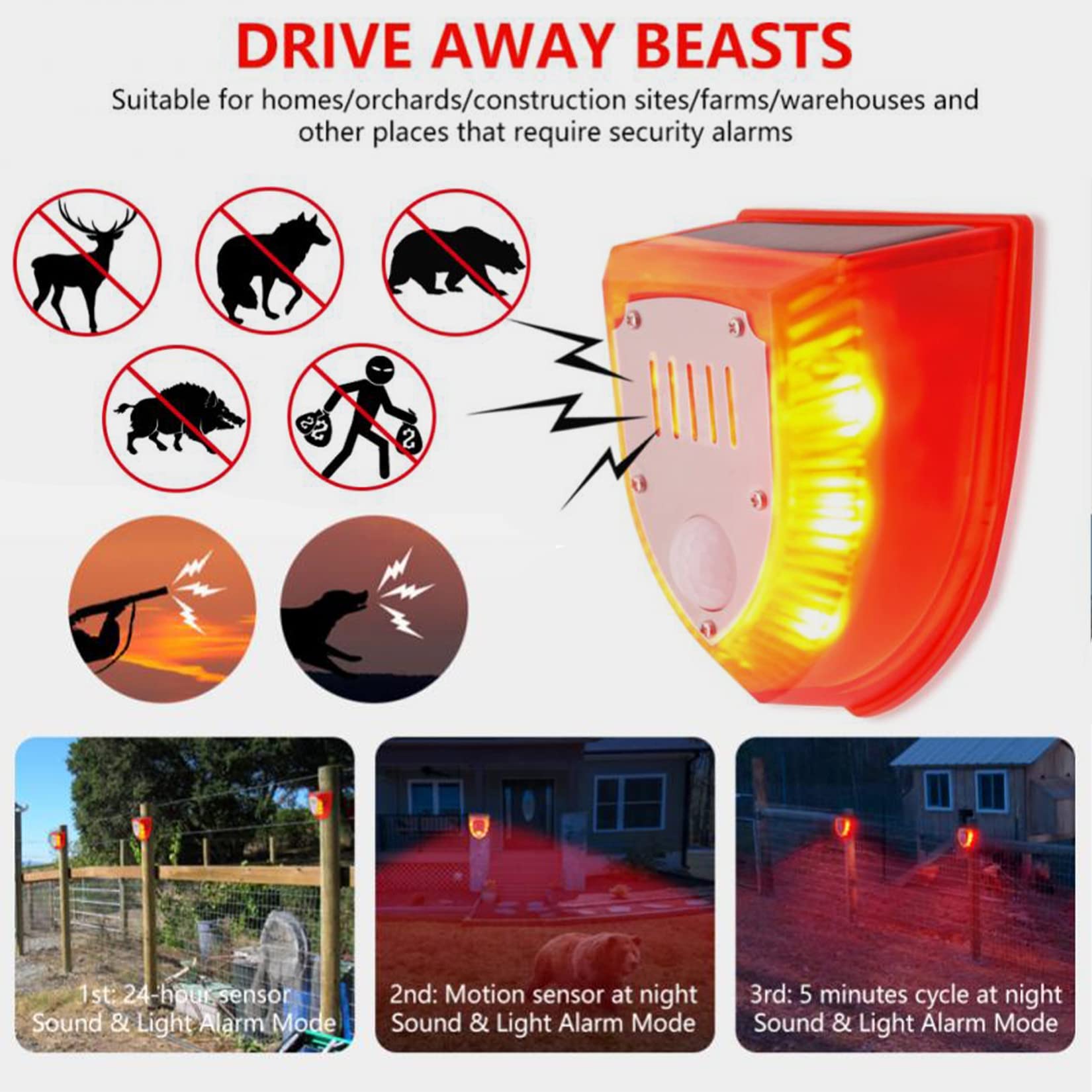 Solar Alarm Licht, Wasserfest PIR Bewegungsmelder Alarm 129dB laut Sicherheit Alarmanlage Mit Schussgeräuschen und Hundegebell-Soundeffekten (2 Pack)
