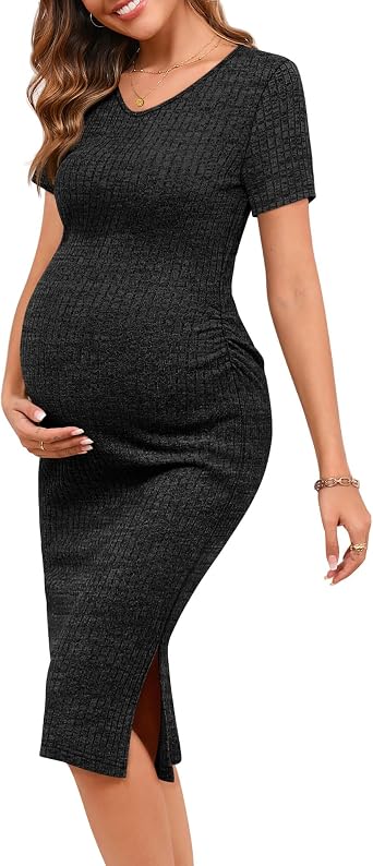 Ficerd Womens Ribbed Split Maternity Dresses V Neck Short Sleeve Ruched Pregnancy Bodycon Clothes Stretchy Knit Baby Shower