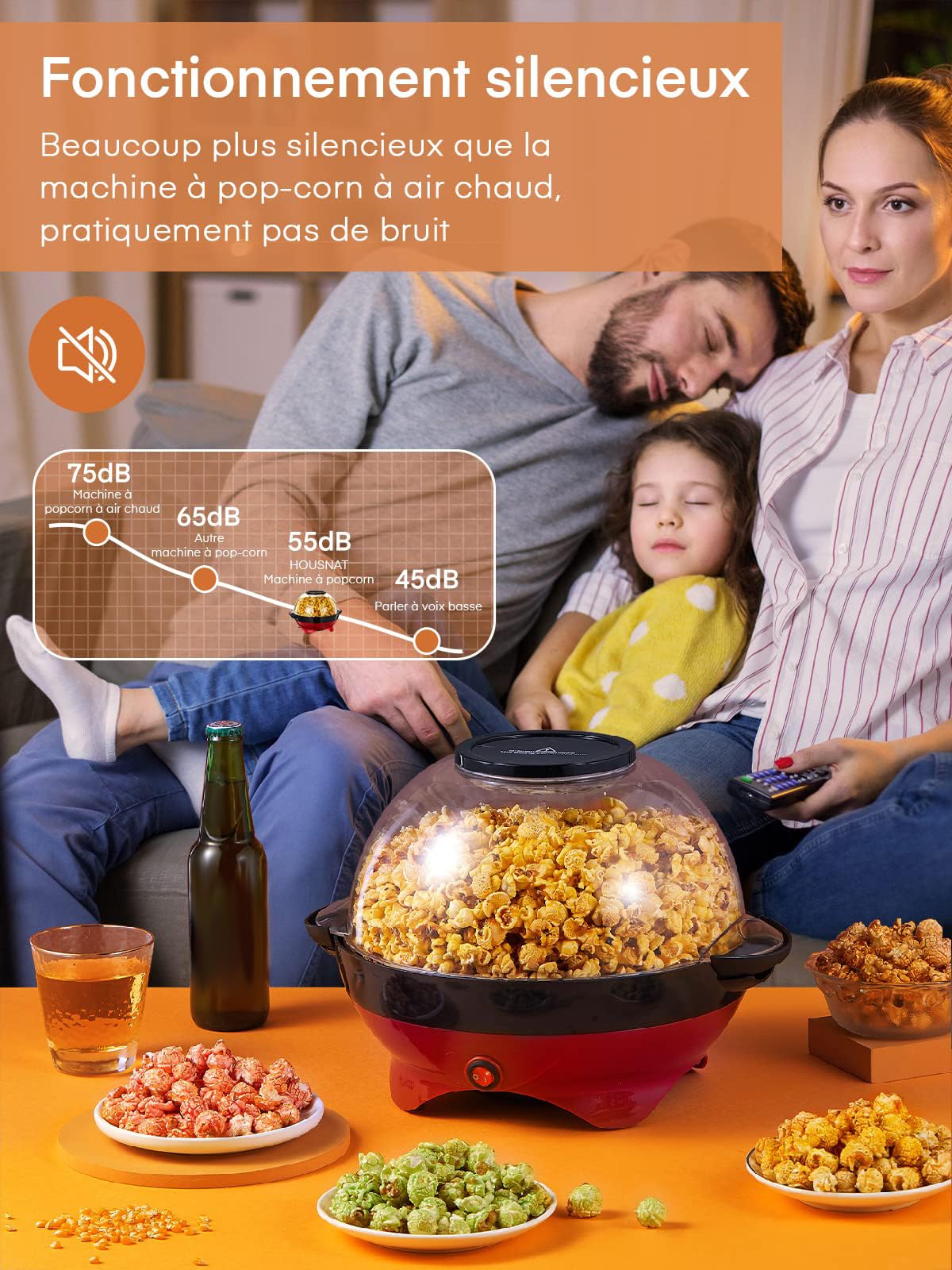 HOUSNAT Machine à pop-corn - Grande capacité de 5,5 l - 800 W - Avec revêtement antiadhésif et surface chauffante amovible - Silencieuse et rapide