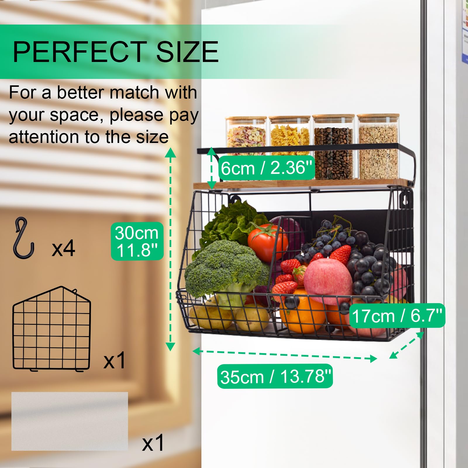 Lermende Magnetico Porta Frutta Cucina: 2 in 1 Scaffale Magnetici per Frigorifero, Organizer da Cucina Senza Forature con 4 Ganci Mobili per Cucina, Lavanderia, Area Ristoro, Spazio Relax.