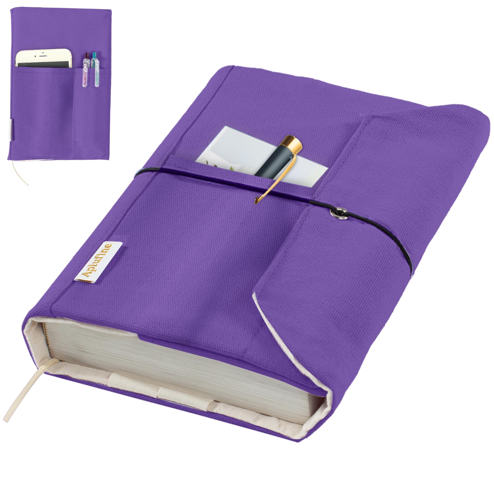 APLUFINE Canvas Book Covers, Washable Book Protector, Jumbo Book Cover for Paperback Novels, Adjustable Book Cover for Hardcover with Pockets for Pen, Soft Cover Books, Book Lovers Gifts, Lavender — image 1