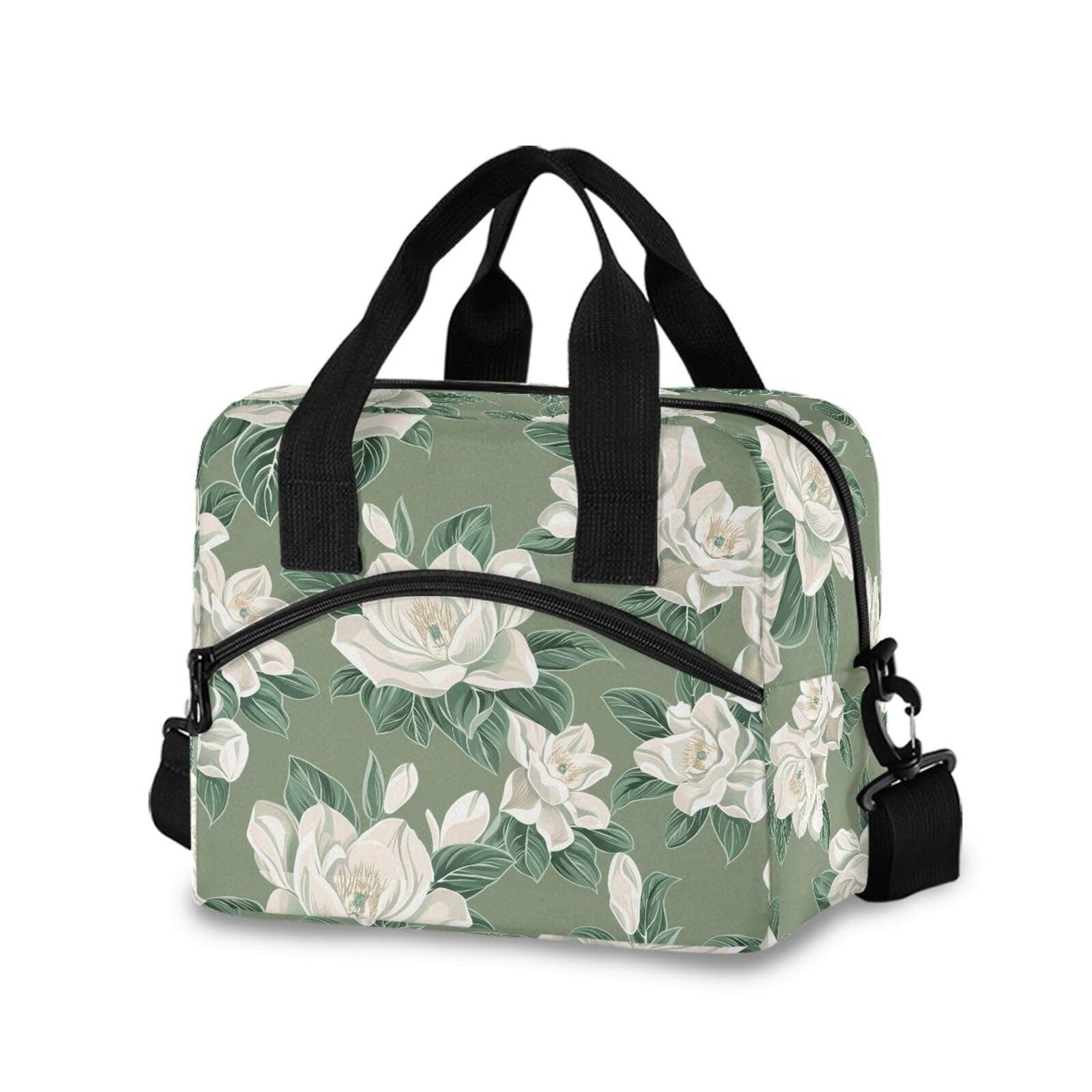Sinestour Insulated Lunch Bag Reusable Cooler White Flower Leaves Lunch Box Adjustable Shoulder Strap for School Men Women
