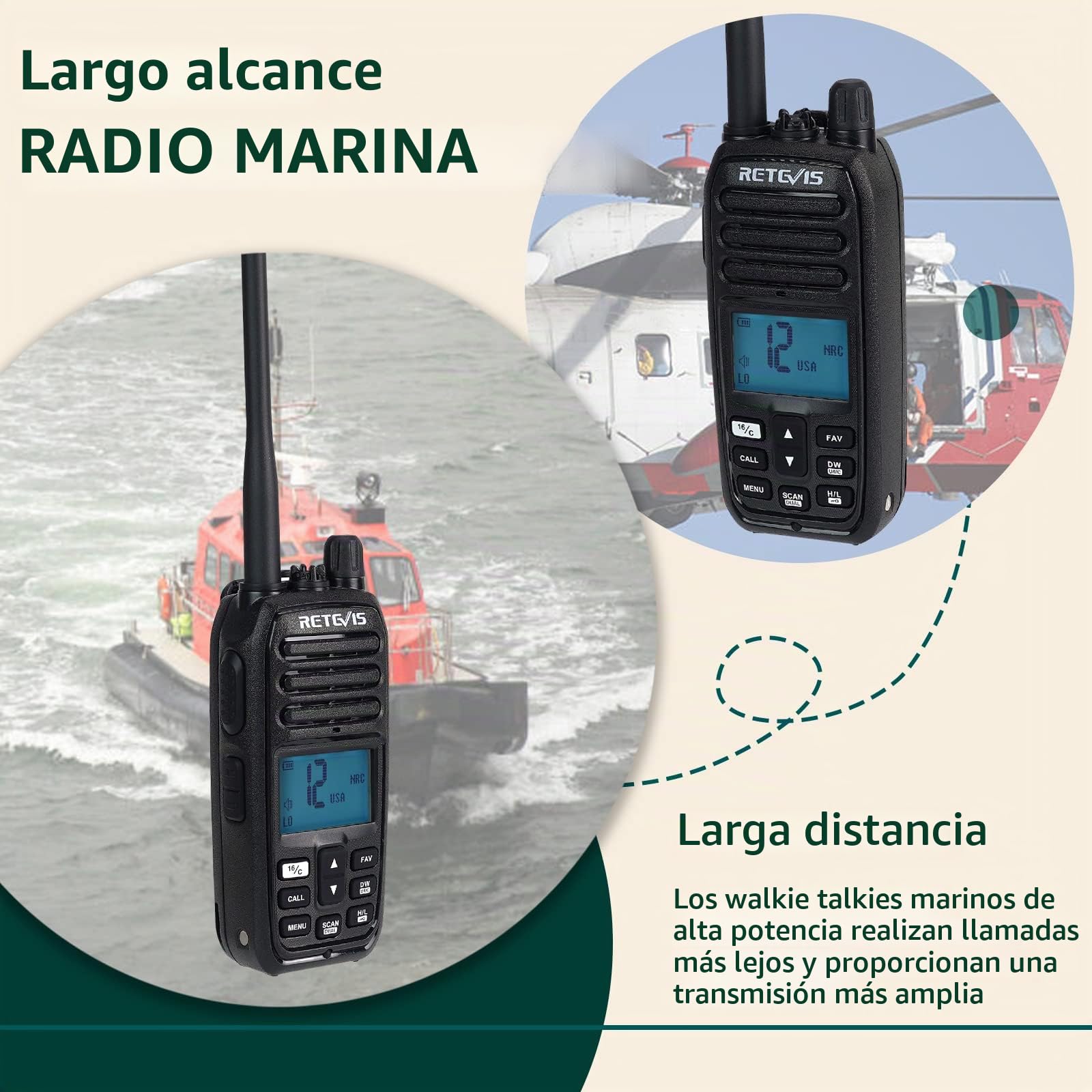 Retevis RM21 Radio Marina Portatil, Emisora VHF Marina IP67, Reducción de Ruido Inteligente AI, Radio Bidireccional Flotante de 88 Canales para Guardacostas, Kayak, Pesca (Negro, 1 Paquete)