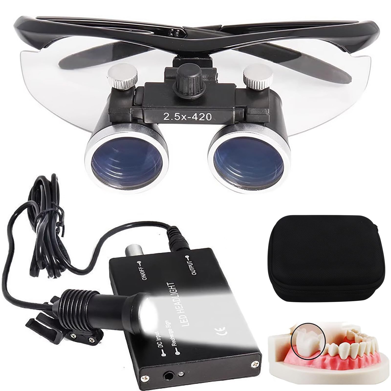 Lupa Binocular Dental, Aumento De 2,5X/3,5X, con Faro De 5W + Filtro, Distancia De Trabajo 320-420mm, Lupa De Montaje En La Cabeza para Laboratorio Dental Black-2.5X