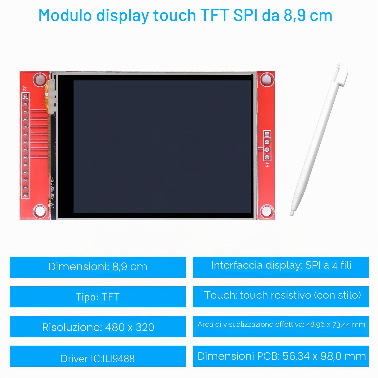 3.5" LCD TFT SPI Touch Display ILI9341 Chip Binghe 3.5" LCD Display Touch Module con Penna a contatto 320 X 480 Risoluzione Driver ILI9341 4-Wire SPI Compatibile con Arduino