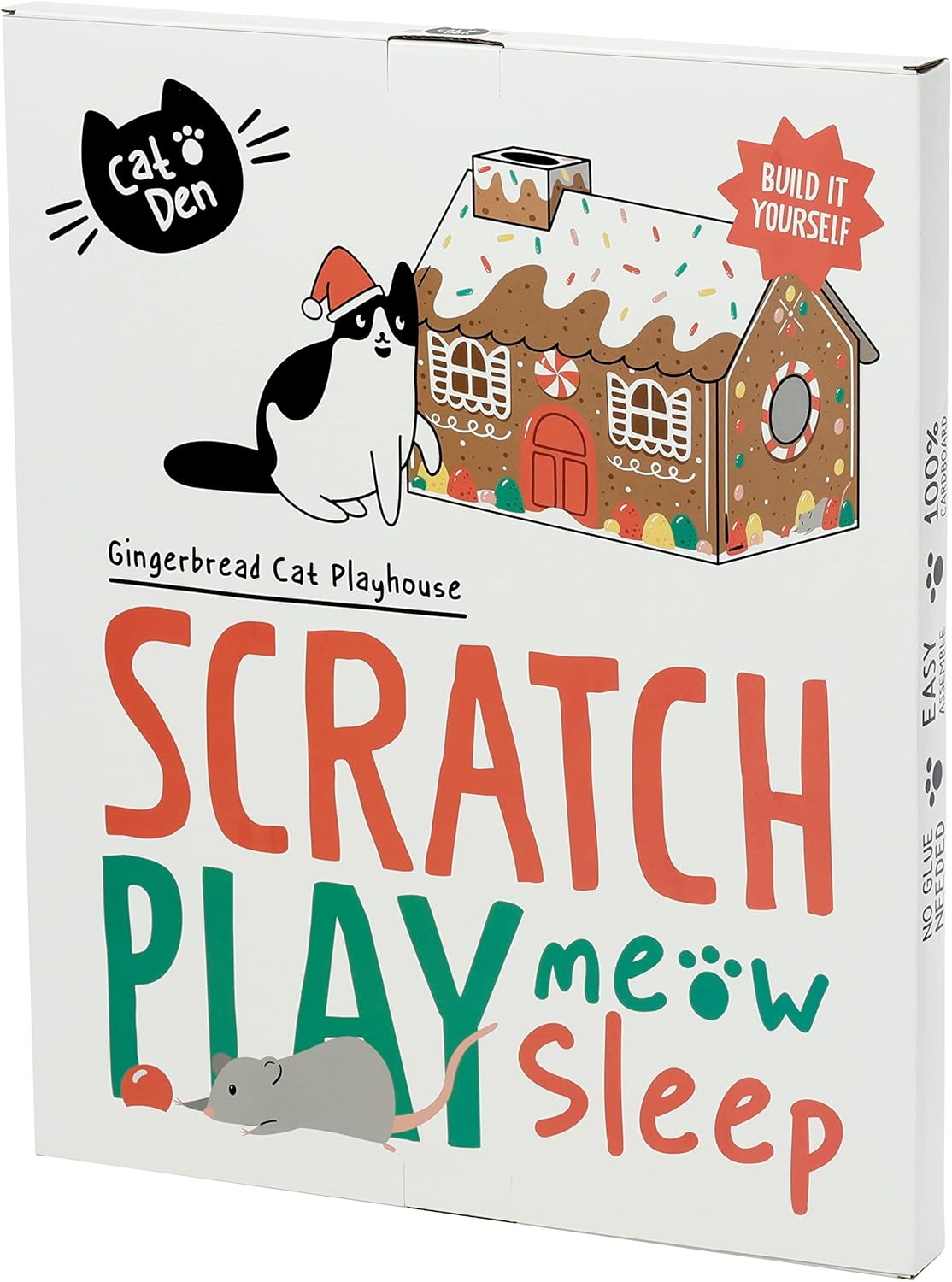Puckator Christmas Gingerbread Lane Cat Playhouse Build it Yourself Cardboard Cat Den Tree Tower - Scratch Post - Cats Play Shelter House - Kitten Den Beds For Indoor - Accessories - Bed Cave Kennel
