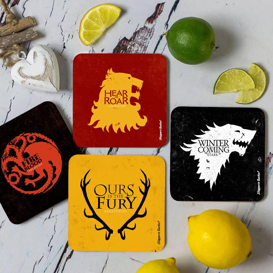 Game of Thrones MDF Wooden Coaster Set of 4 | Coasters for Dining Table, Coaster for Home Decor, Coaster for Office Table, Coaster Gift Set (3.5 x 3.5 inches, Square)