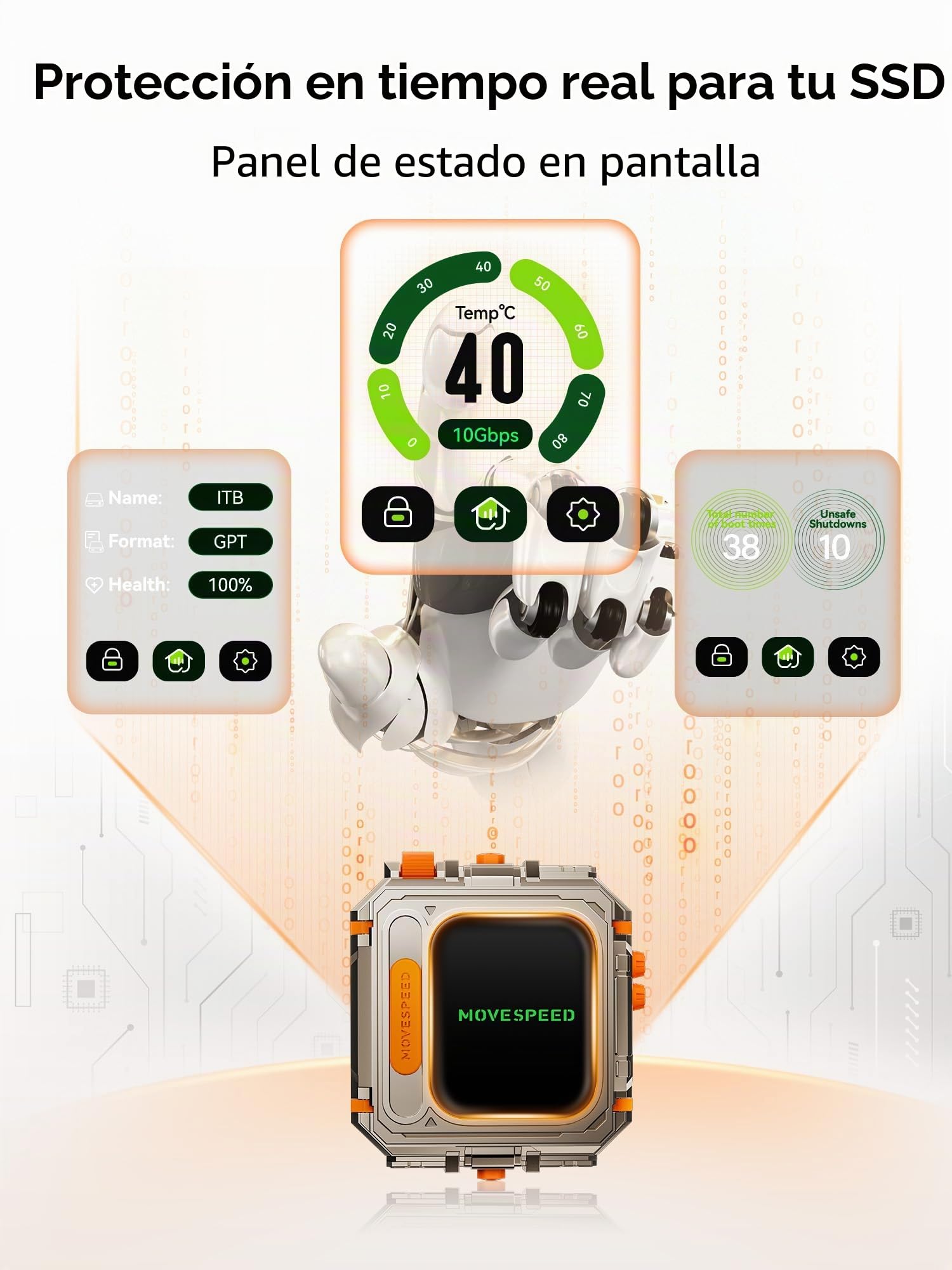 MOVE SPEED Disco duro externo con pantalla táctil, SSD portátil de hasta 10 Gbps, USB-C 3.2 Gen2, compatible con iPhone, Windows, Mac y más (GD10, 2 TB)