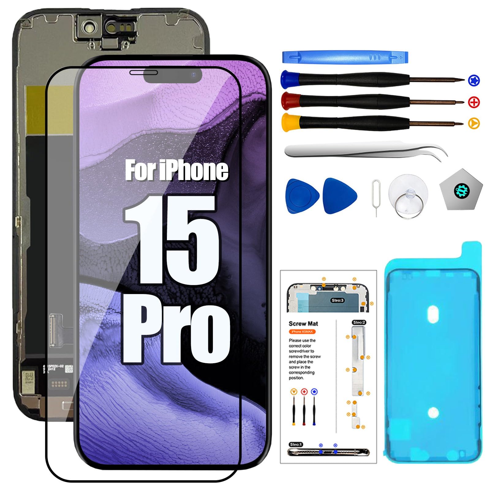 LMQ for iPhone15 Pro Screen Replacement Kit 6.1Inch Full HD LCD Display 3D Touch Screen Digitizer Frame Assembly for(Model A2848,A3101,A3102,A3104)with Repair Tool+Screen Protector,Waterproof Adhesive