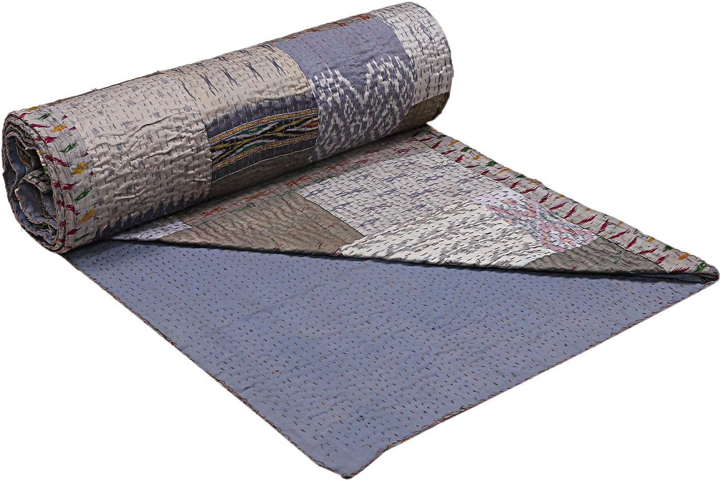 Grey Patola Queen Size Patchwork Silk Kantha Quilt 90x108 Inch Silk Bedcover Indian Silk Patola Quilt Throw Blanket