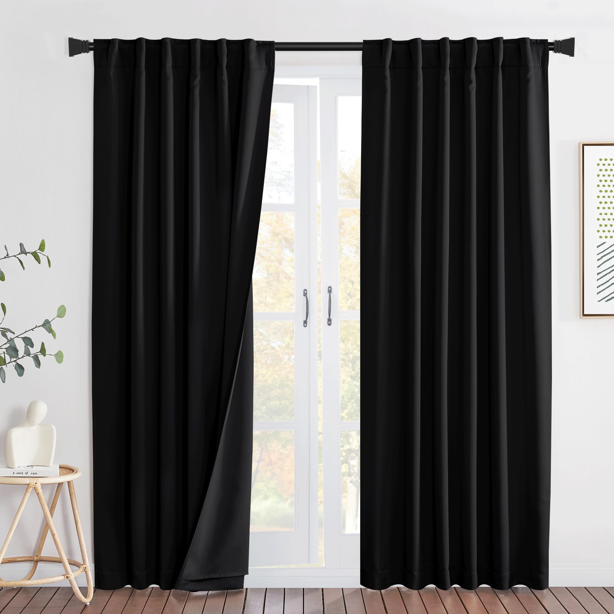 NICETOWN Sound Blocking and Heavy-Duty Back Tab Curtains 2 Panels for Bedroom, Lined Insert Noise - Blackout - Thermal Insulation Drapes for Room Divider/Space Solutions (Black, 84 inches Long)